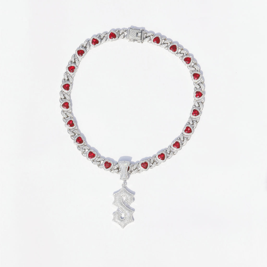 Iced Red Heart Cuban Link Necklace with Letter Pendant – 50cm Bling Chain