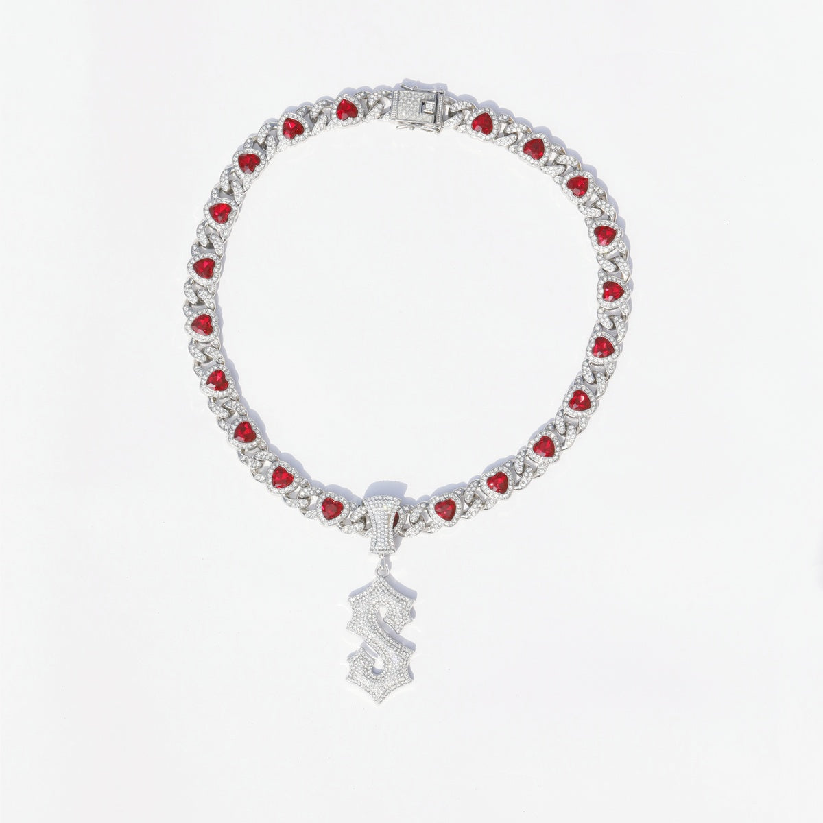 Iced Red Heart Cuban Link Necklace with Letter Pendant – 50cm Bling Chain