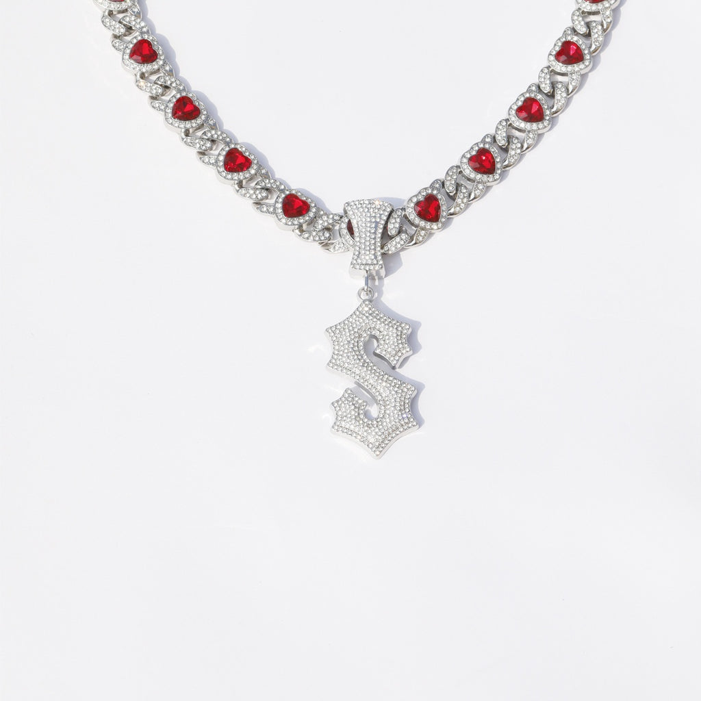 Iced Red Heart Cuban Link Necklace with Letter Pendant – 50cm Bling Chain