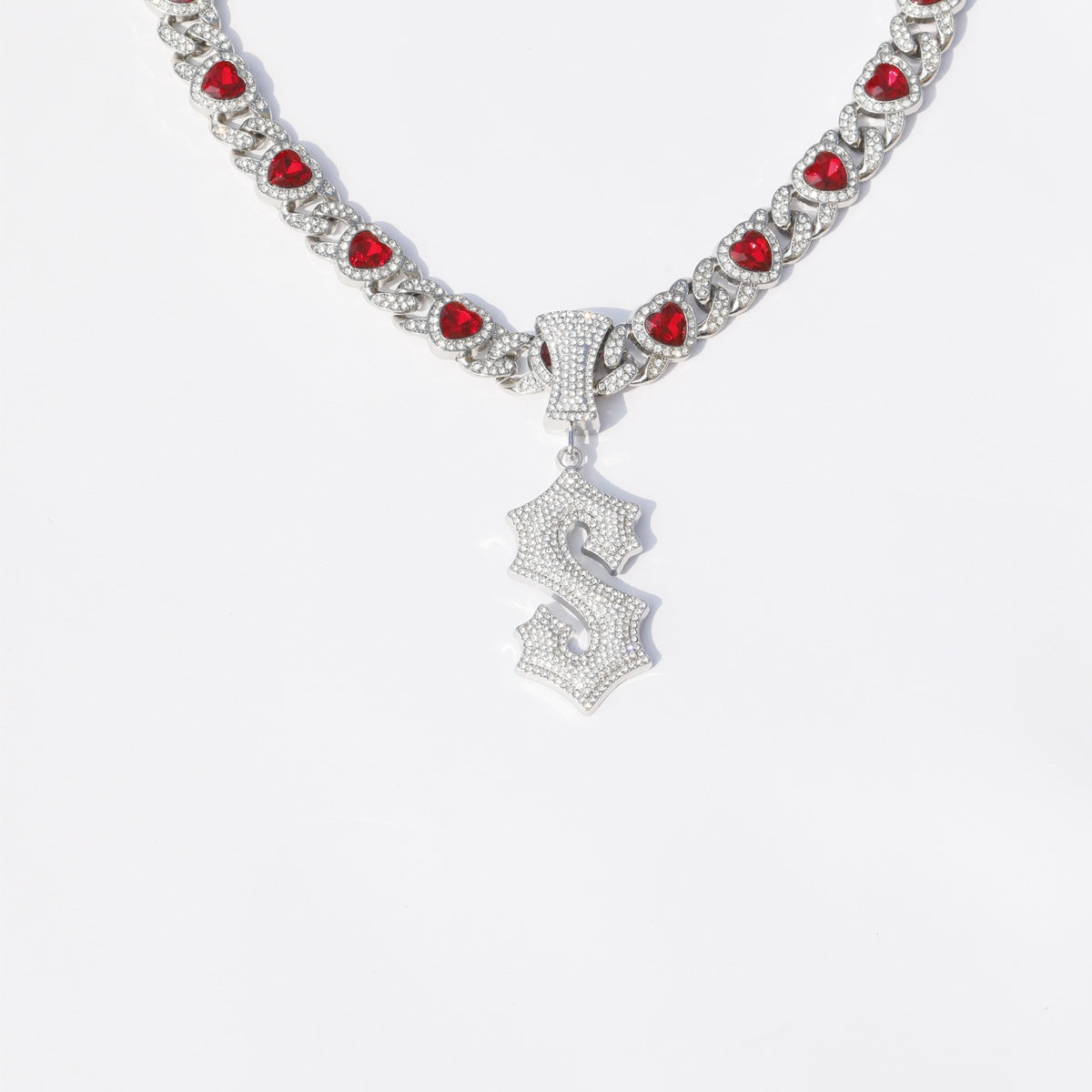Iced Red Heart Cuban Link Necklace with Letter Pendant – 50cm Bling Chain