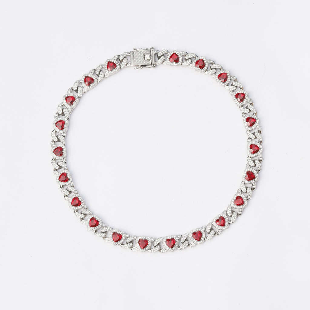 Iced Red Heart Cuban Link Necklace with Letter Pendant – 50cm Bling Chain