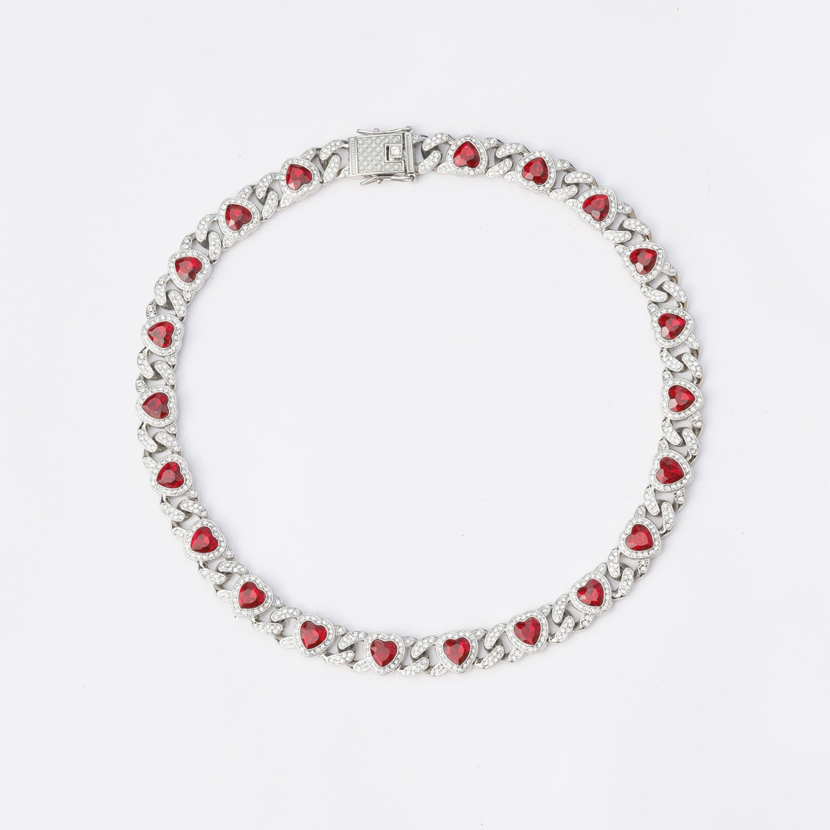 Iced Red Heart Cuban Link Necklace with Letter Pendant – 50cm Bling Chain