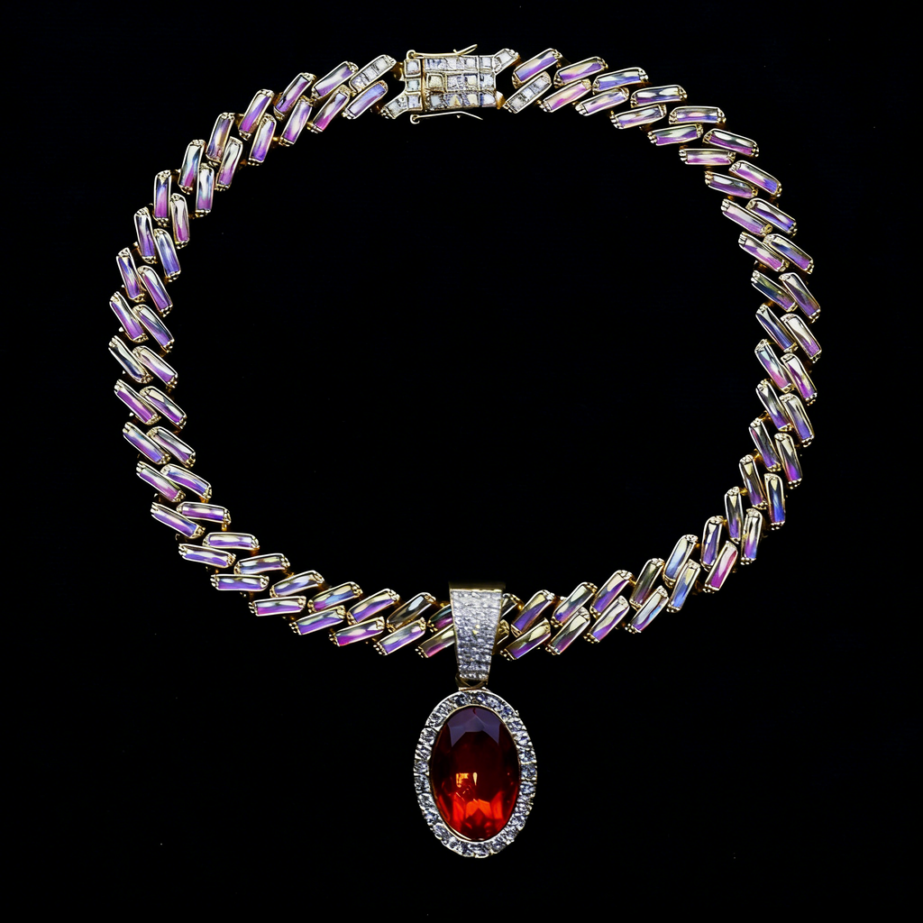 Iced Cuban Link Necklace with Red Oval Gem Pendant