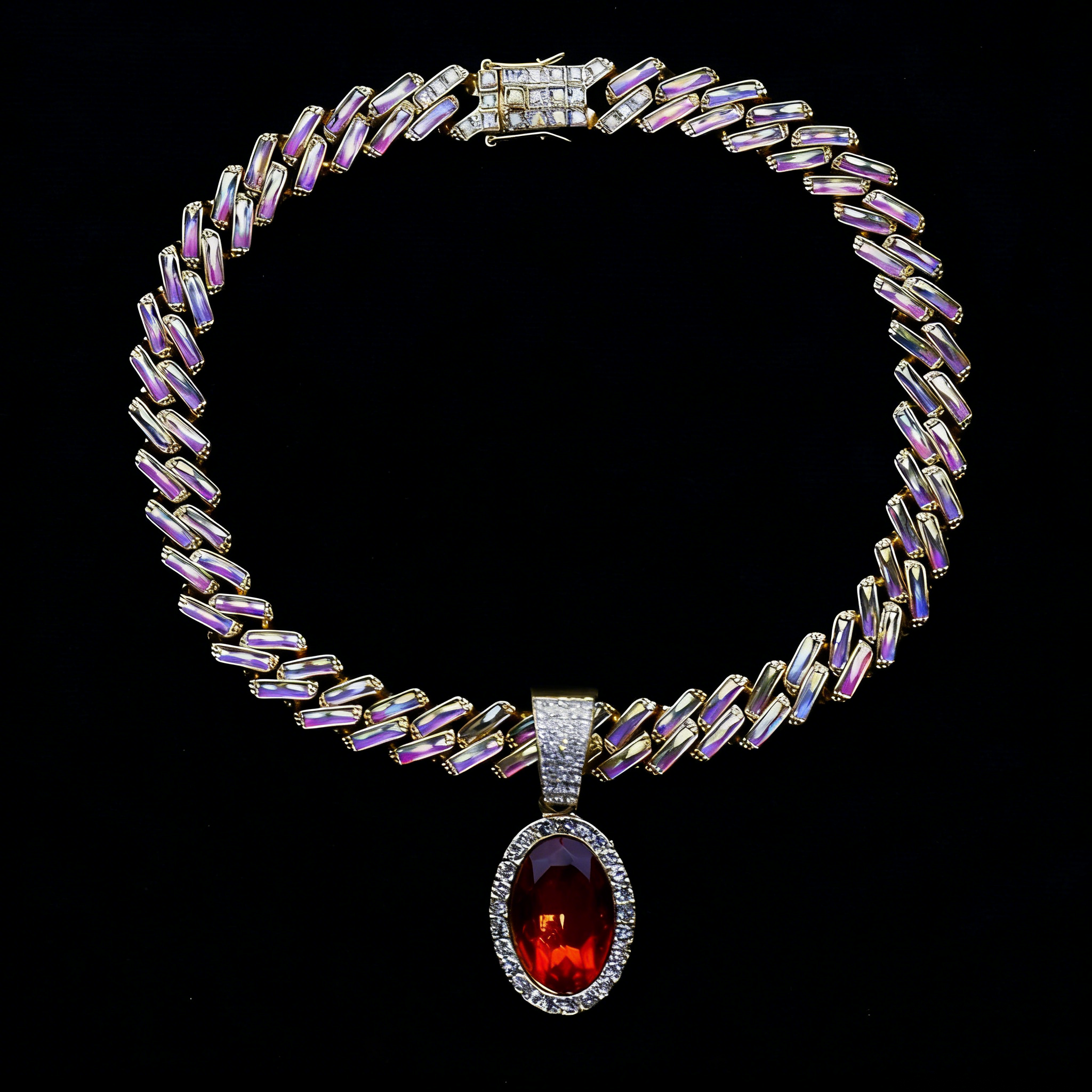 Iced Cuban Link Necklace with Red Oval Gem Pendant
