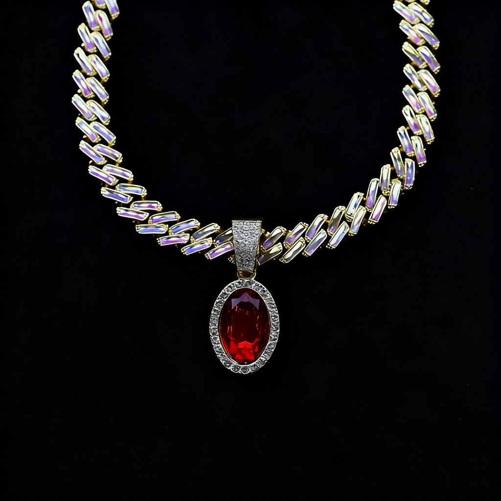 Iced Cuban Link Necklace with Red Oval Gem Pendant
