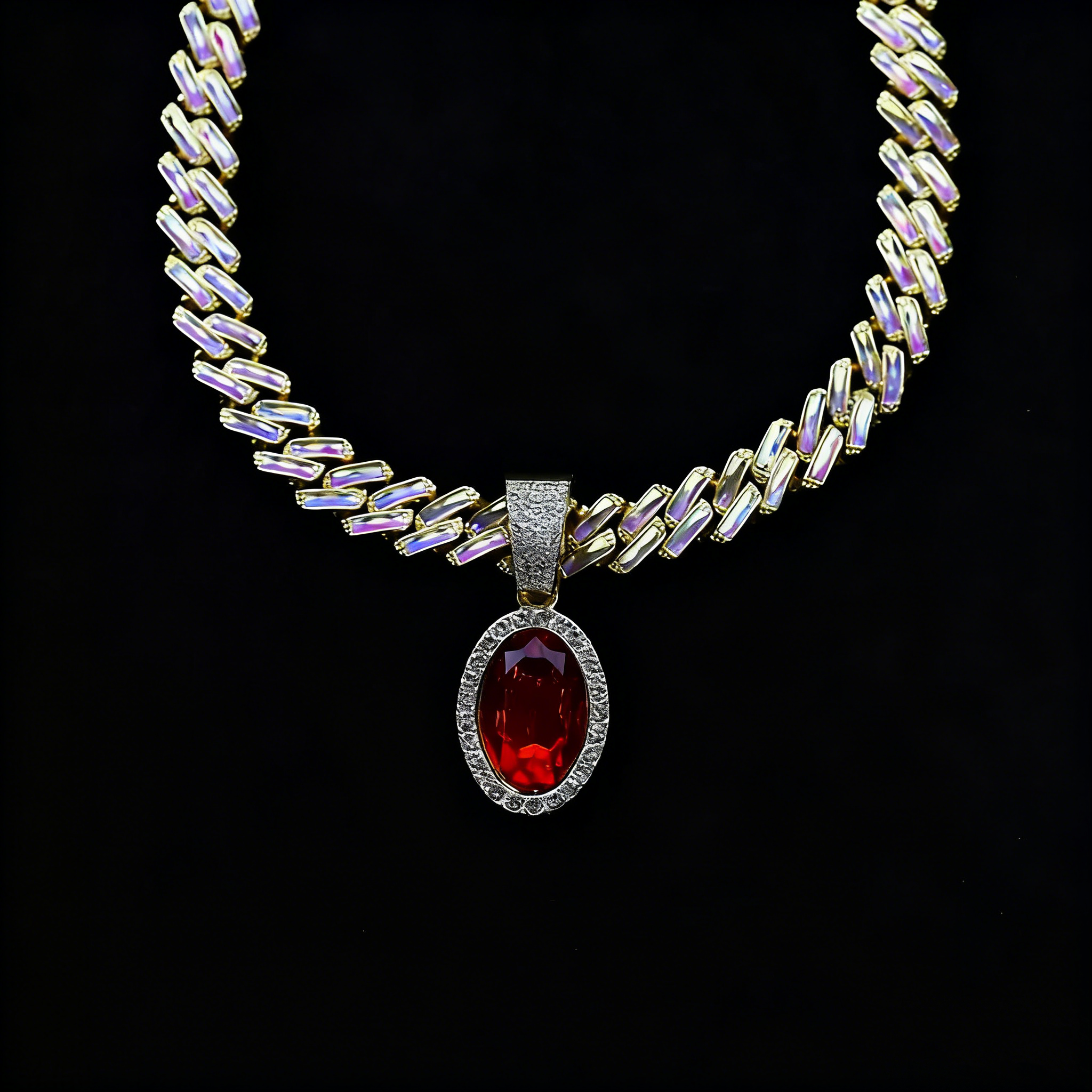 Iced Cuban Link Necklace with Red Oval Gem Pendant