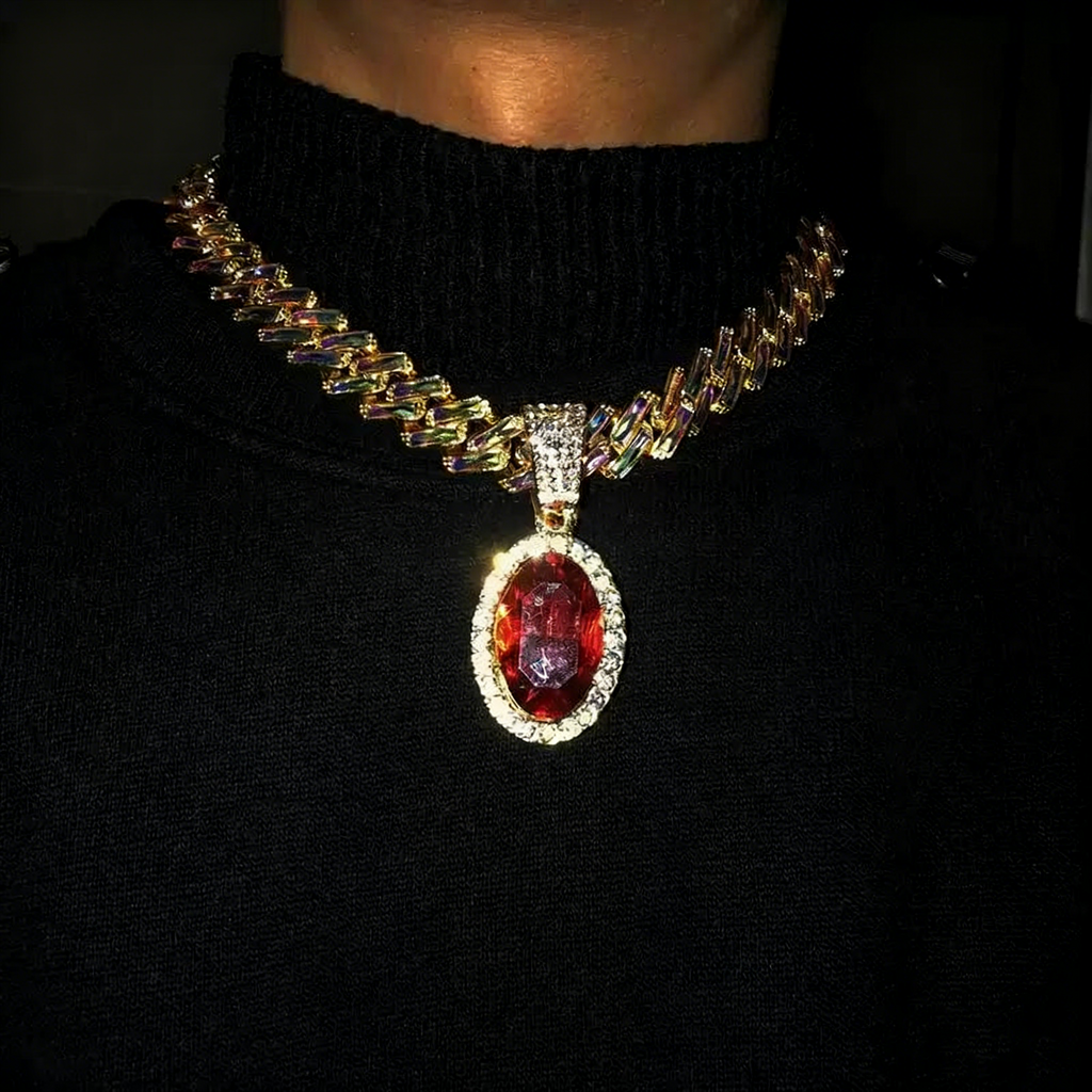 Iced Cuban Link Necklace with Red Oval Gem Pendant