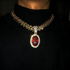 Iced Cuban Link Necklace with Red Oval Gem Pendant