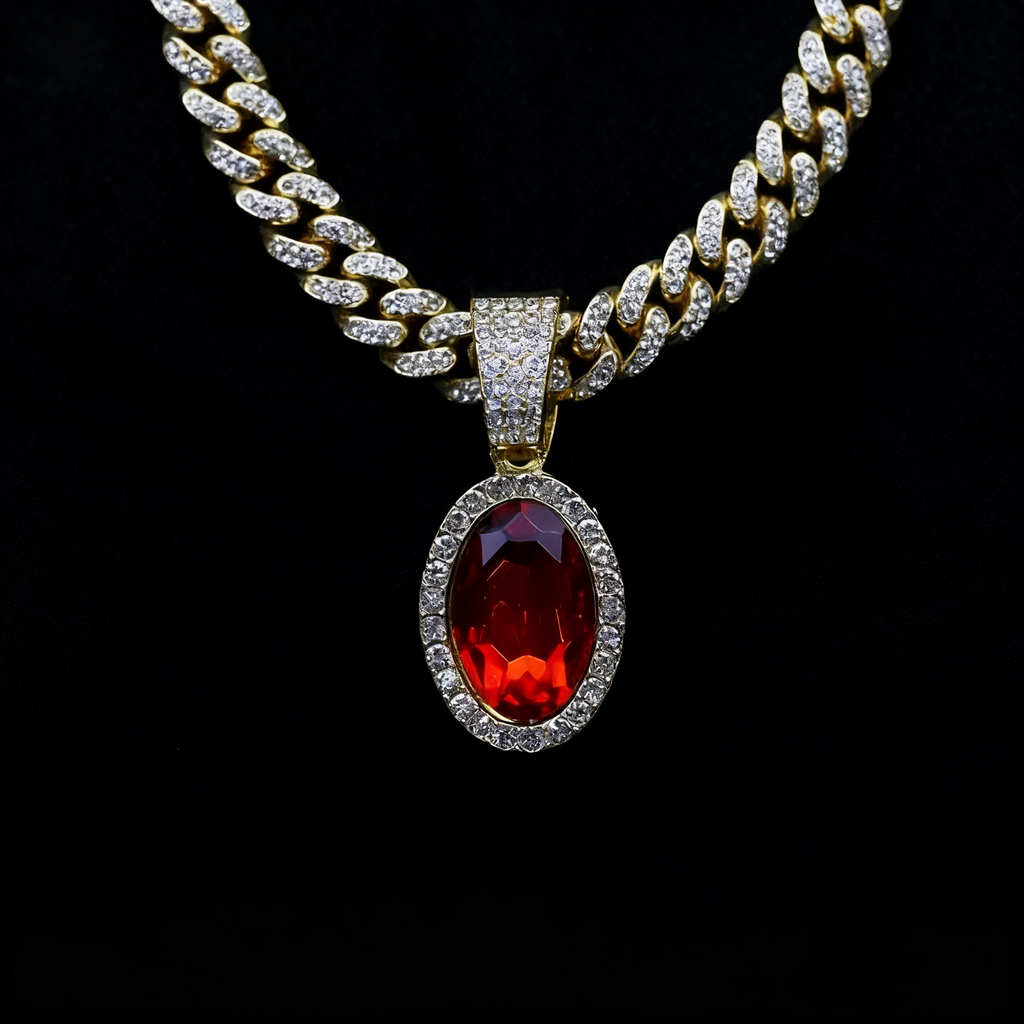 Iced Cuban Link Necklace with Red Oval Gem Pendant