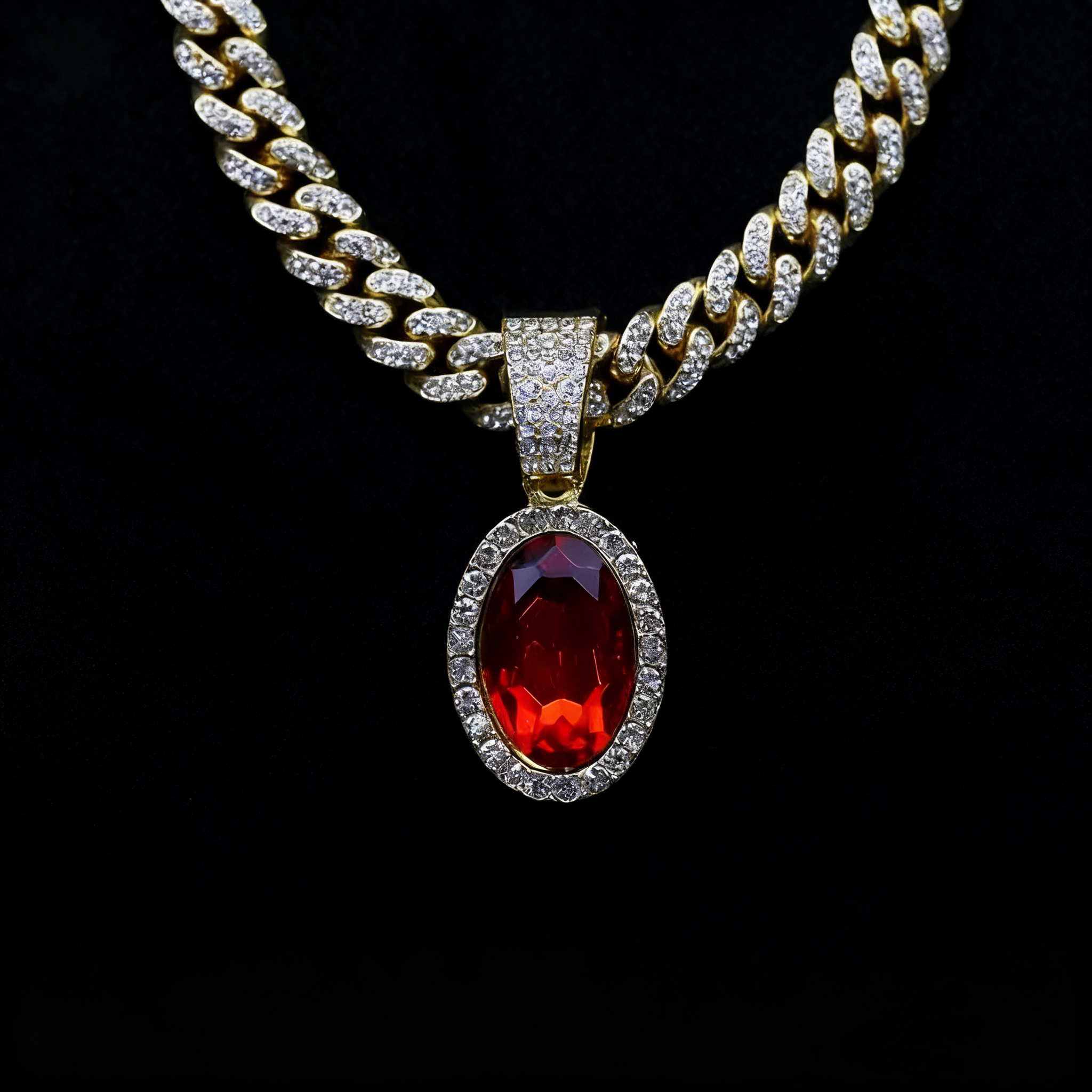 Iced Cuban Link Necklace with Red Oval Gem Pendant