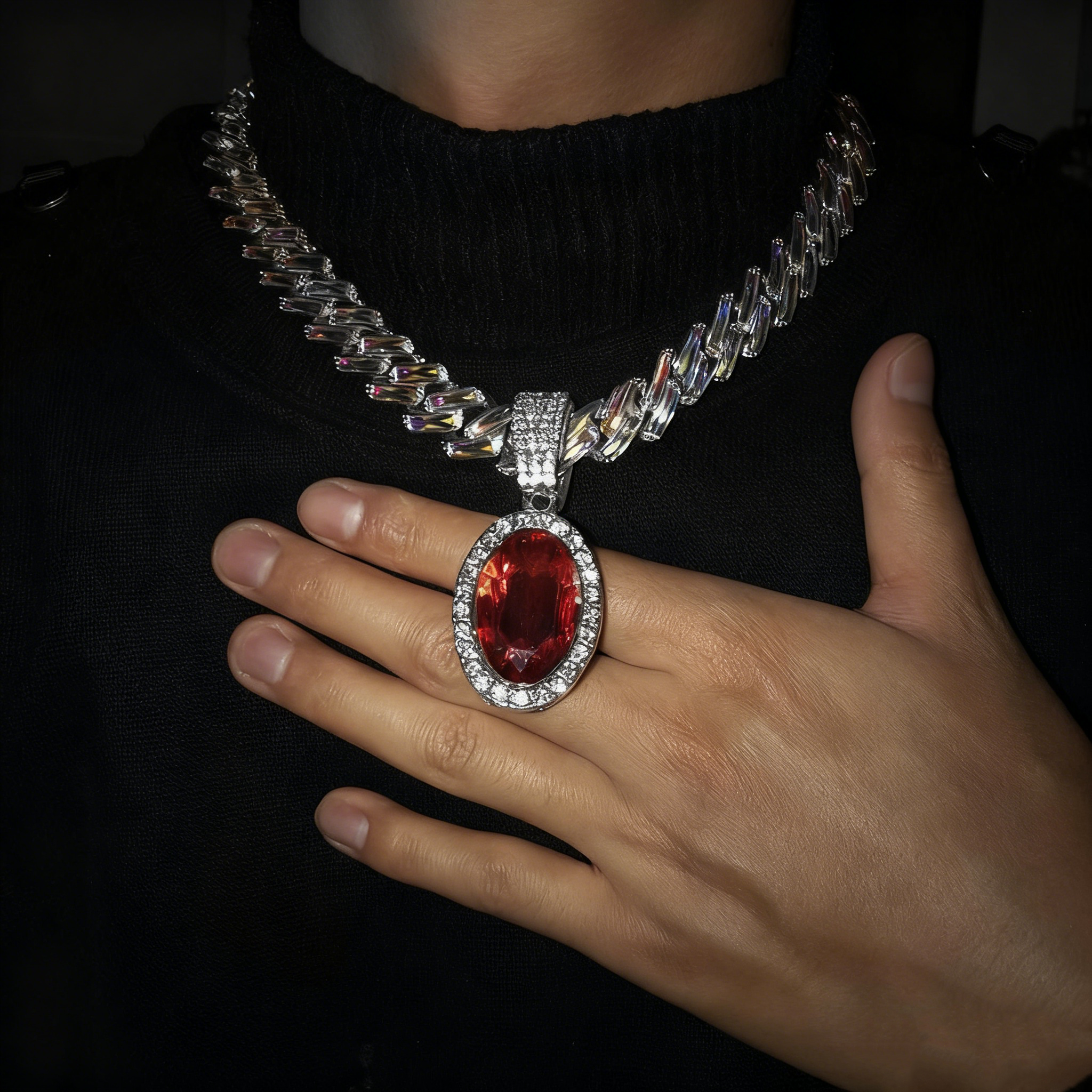 Iced Cuban Link Necklace with Red Oval Gem Pendant