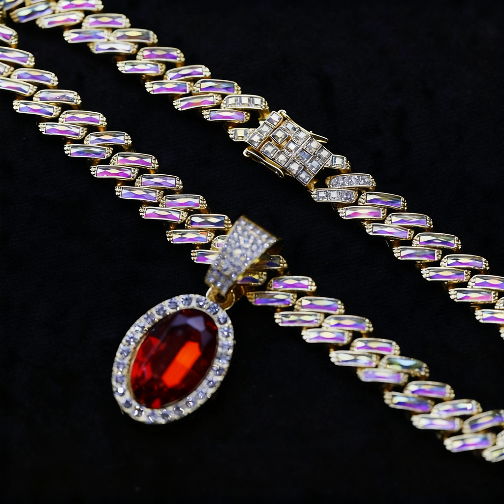 Iced Cuban Link Necklace with Red Oval Gem Pendant