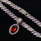 Iced Cuban Link Necklace with Red Oval Gem Pendant