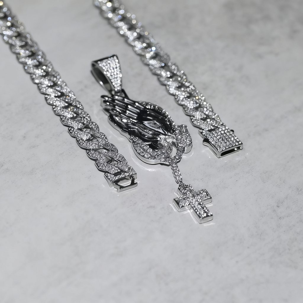 Iced Prayer Hands Cross Pendant – Hip-Hop Cuban Link Necklace
