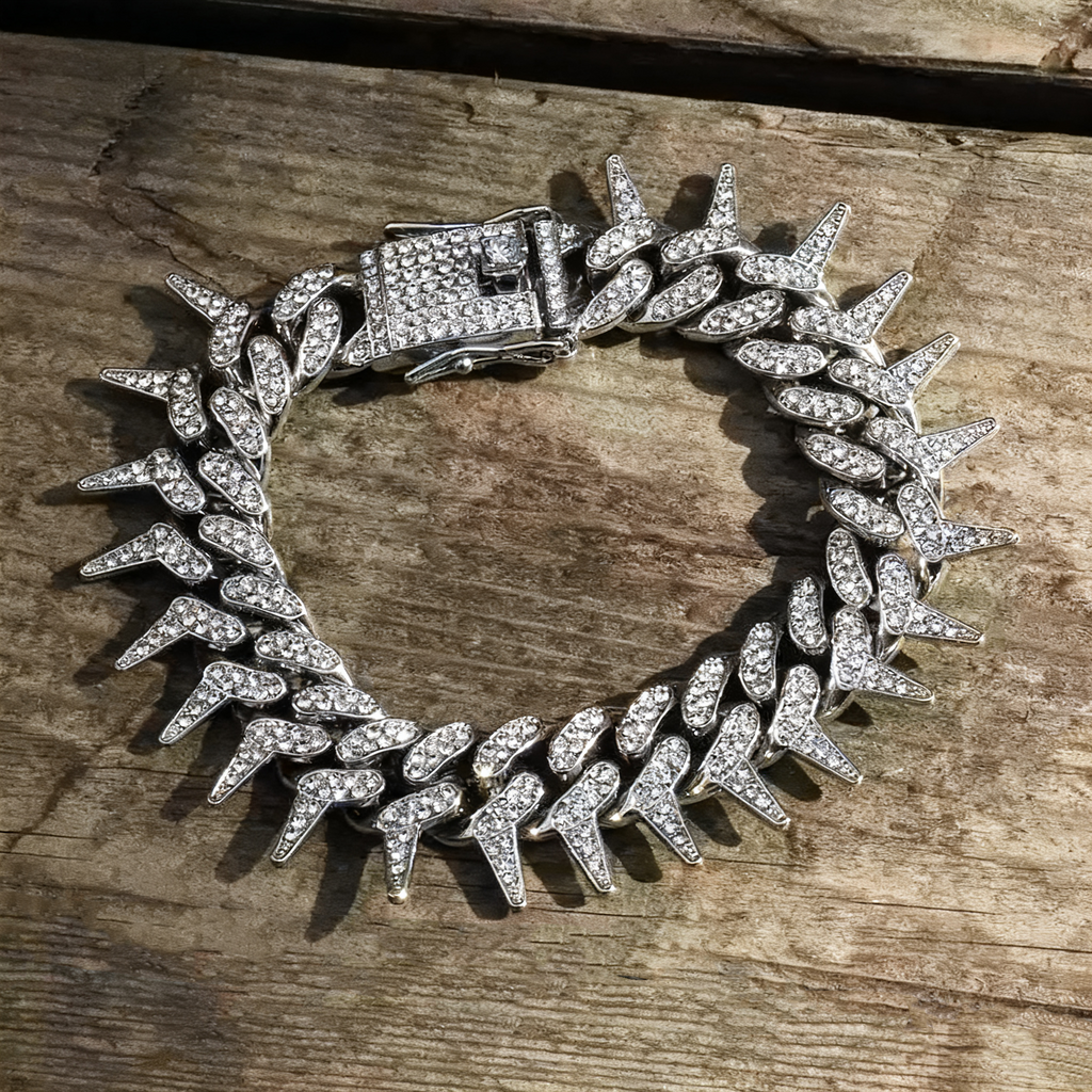 New Spiked Iced-Out Cuban Chain Bracelet — Punk Rock Miami Style Motorcycle Bracelet for Men