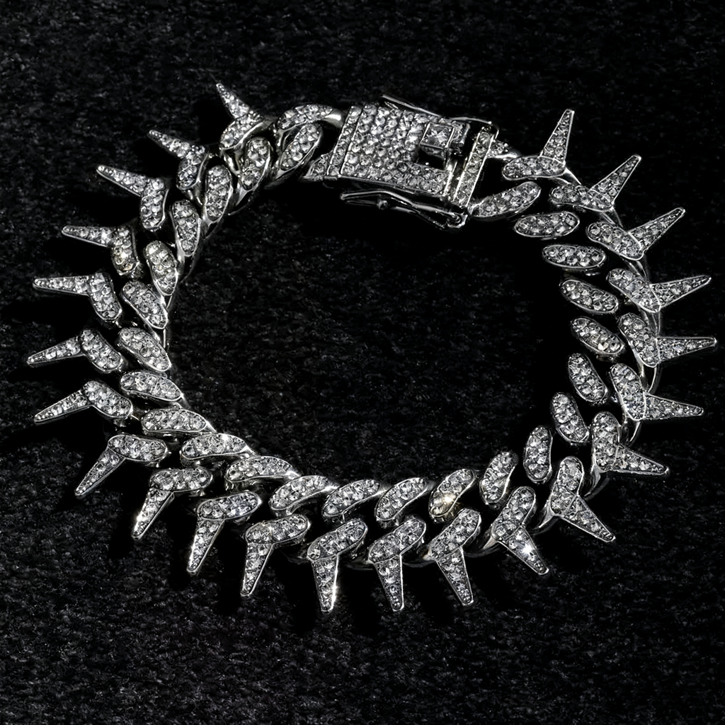 New Spiked Iced-Out Cuban Chain Bracelet — Punk Rock Miami Style Motorcycle Bracelet for Men