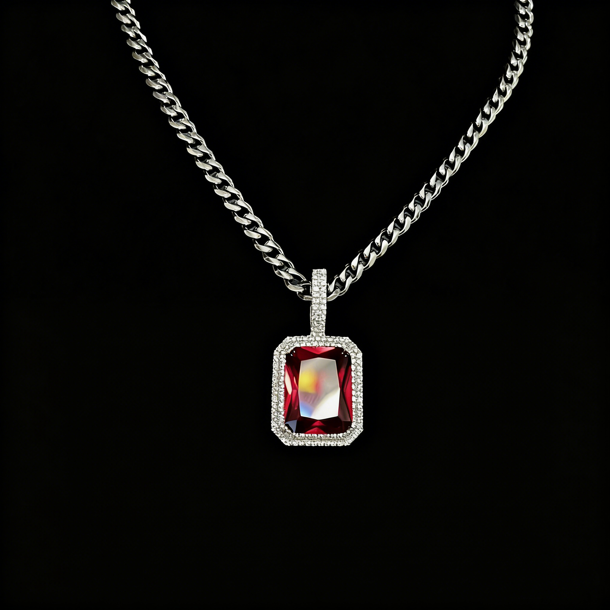 Red Gem Pendant with Iced Cuban Link Chain – Statement Necklace Set