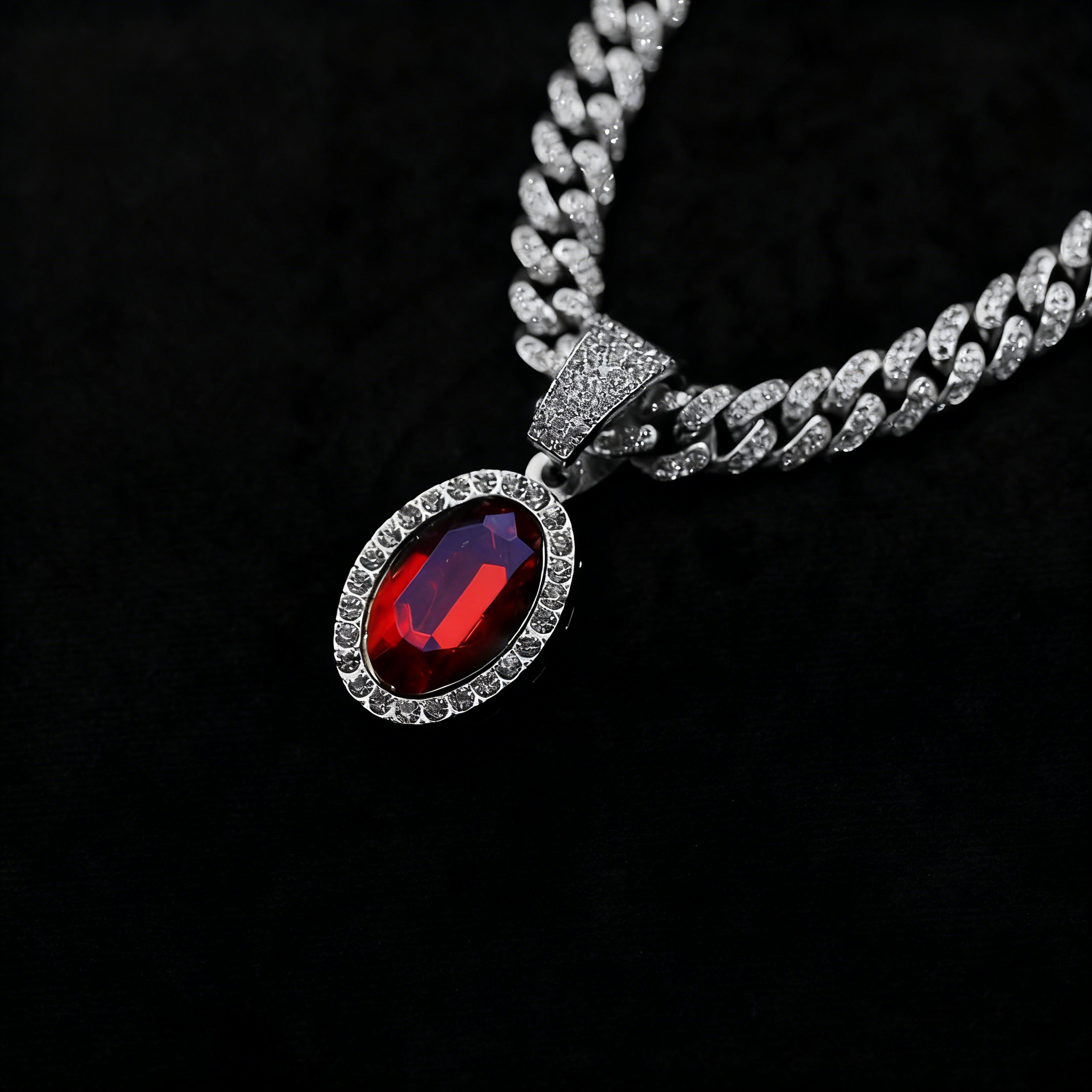 Iced Cuban Link Necklace with Red Oval Gem Pendant