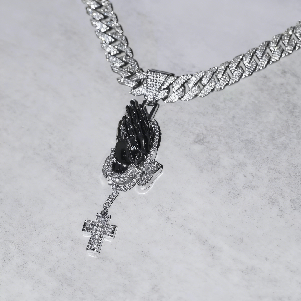 Iced Prayer Hands Cross Pendant – Hip-Hop Cuban Link Necklace