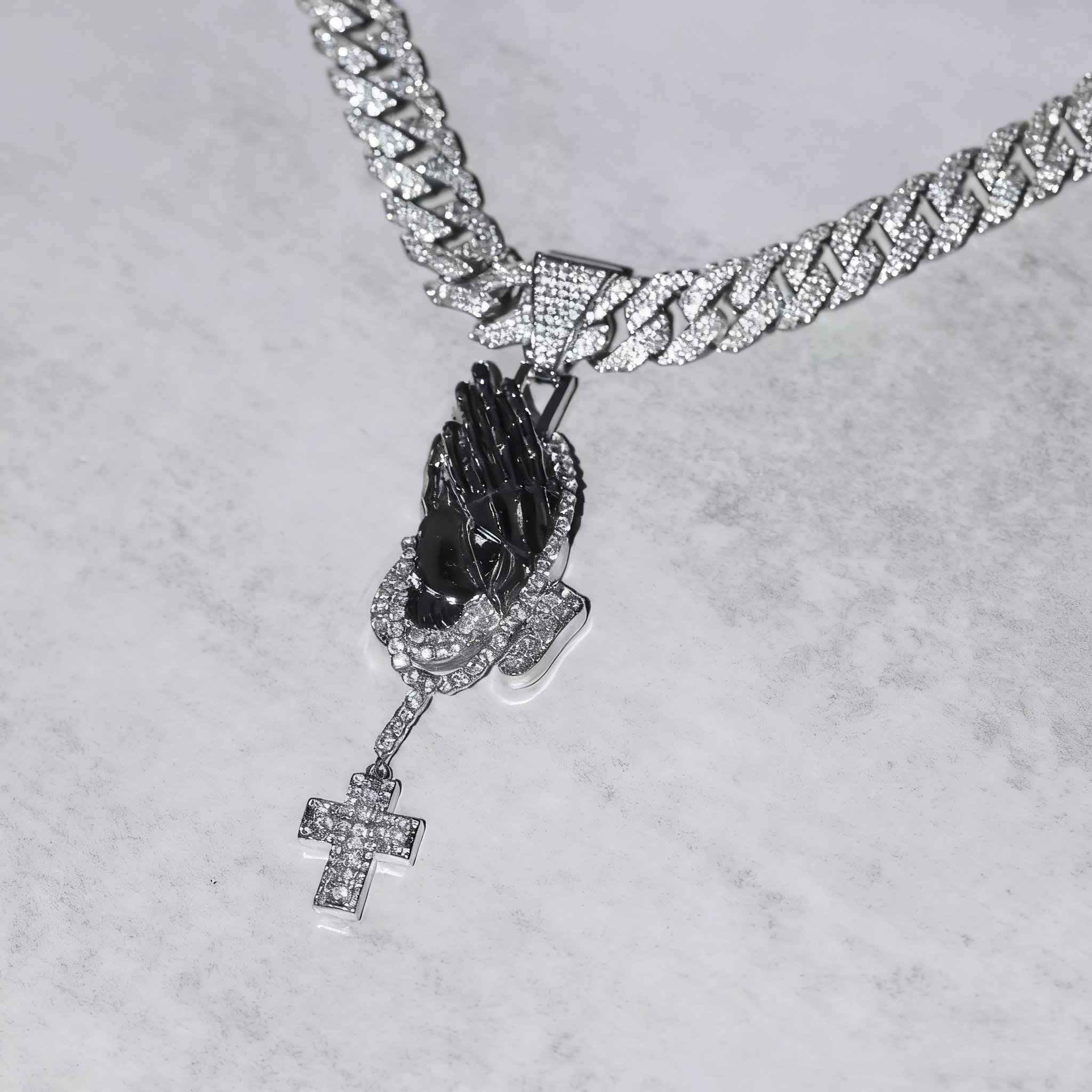 Iced Prayer Hands Cross Pendant – Hip-Hop Cuban Link Necklace