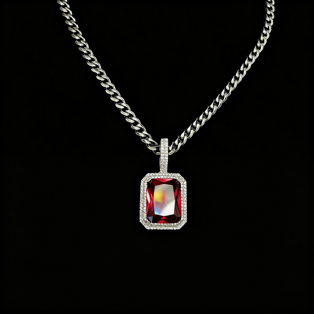 Red Gem Pendant with Iced Cuban Link Chain – Statement Necklace Set