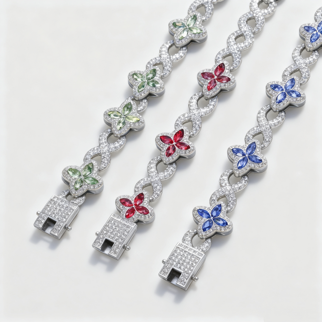 Hip-Hop Multi-Color Diamond Clover & Infinity Cuban Chain — Luxury Iced-Out Couple Necklace, Unisex Trendy Choker