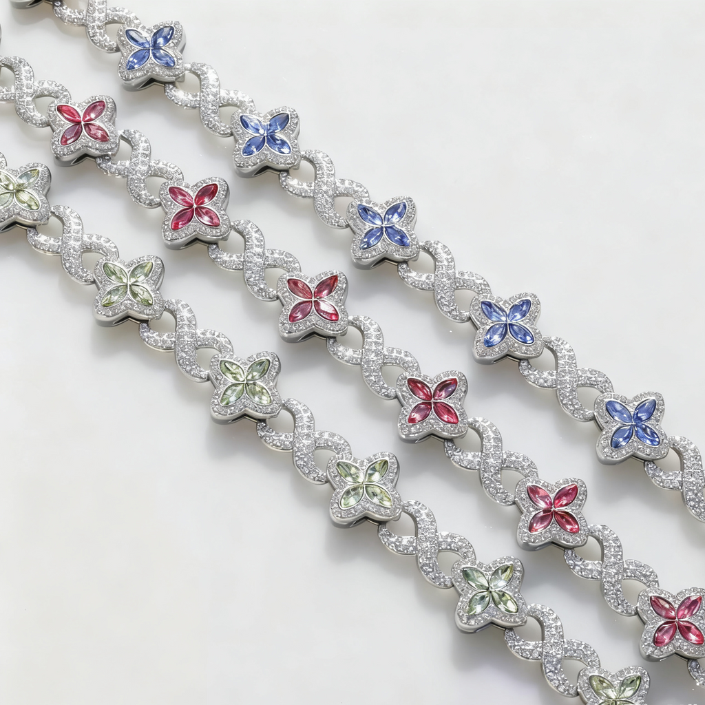 Hip-Hop Multi-Color Diamond Clover & Infinity Cuban Chain — Luxury Iced-Out Couple Necklace, Unisex Trendy Choker