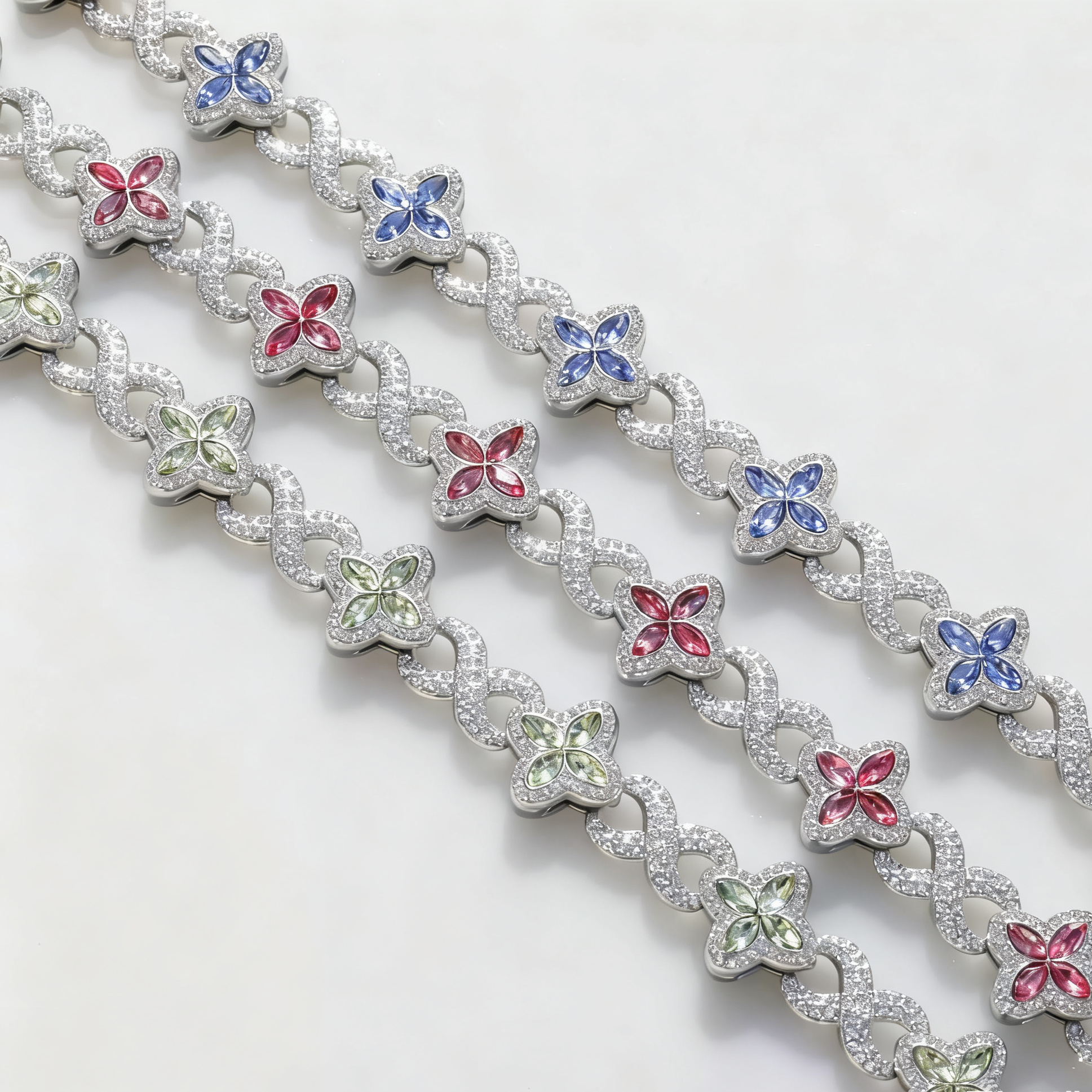 Hip-Hop Multi-Color Diamond Clover & Infinity Cuban Chain — Luxury Iced-Out Couple Necklace, Unisex Trendy Choker