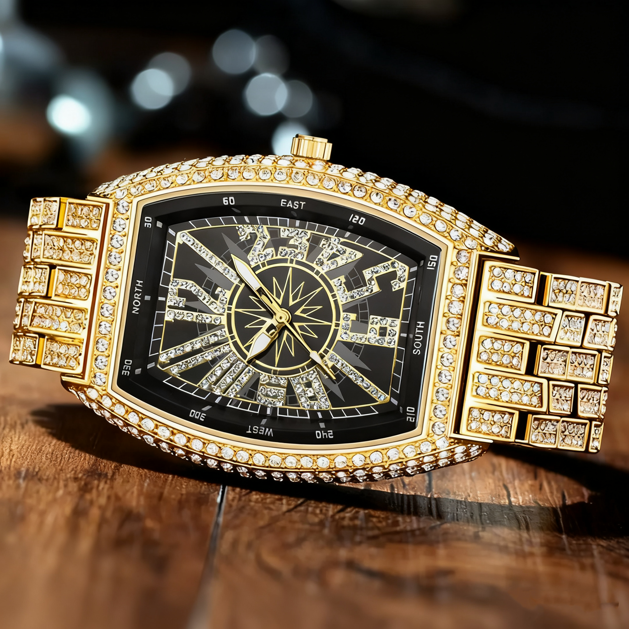 Barrel-Shaped / Fully Iced-Out / Full Pavé / Western Hip-Hop Style / Trendy / Luxury-Inspired Men’s Watch