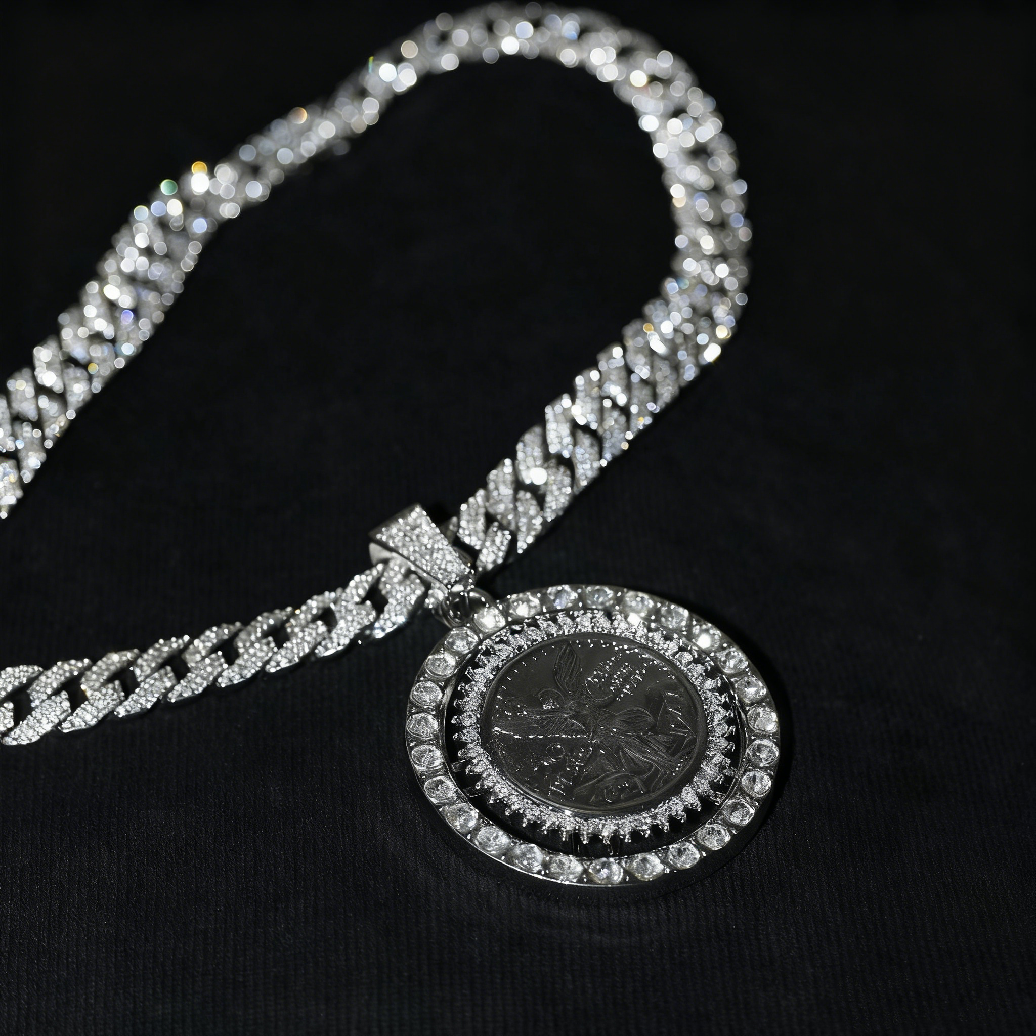Iced Cuban Link Chain with Spinning Angel Medallion – 15mm Heavy Shine Pendant Necklace