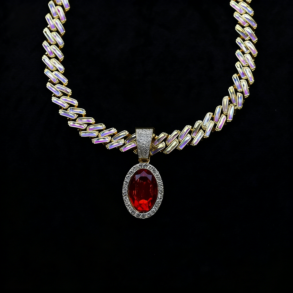 Iced Cuban Link Necklace with Red Oval Gem Pendant