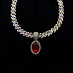 Iced Cuban Link Necklace with Red Oval Gem Pendant