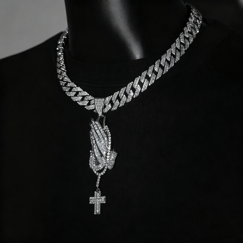 Iced Prayer Hands Cross Pendant – Hip-Hop Cuban Link Necklace
