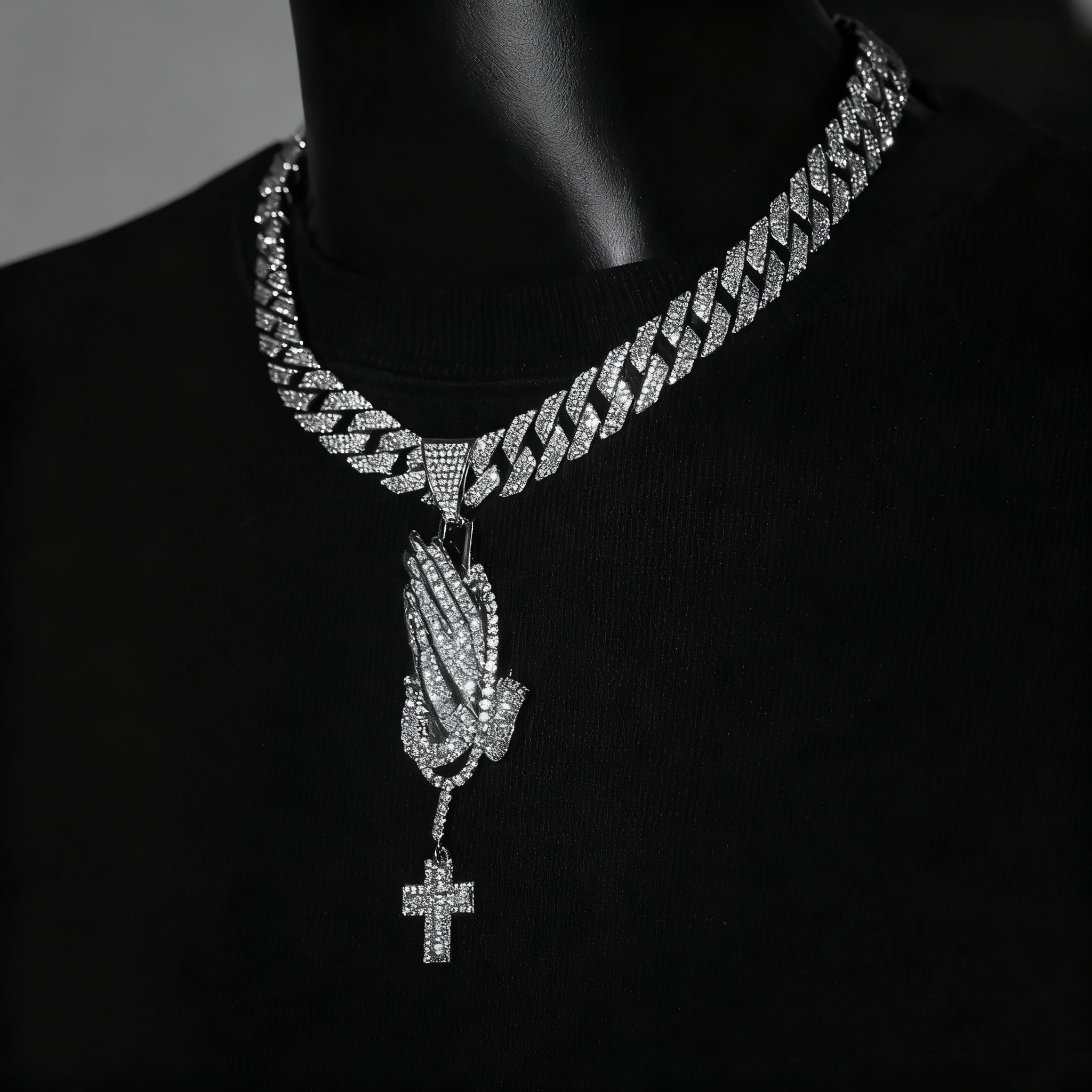 Iced Prayer Hands Cross Pendant – Hip-Hop Cuban Link Necklace