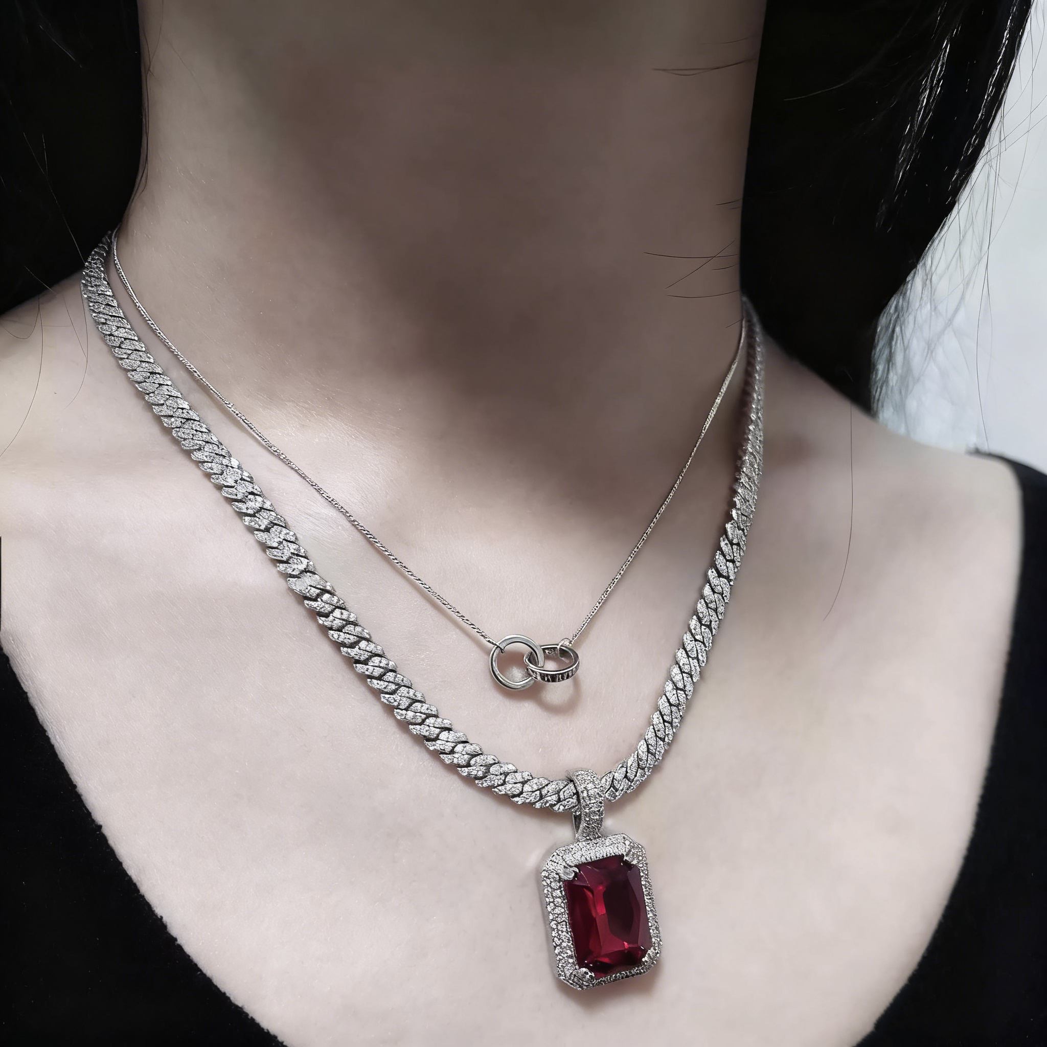 Red Gem Pendant with Iced Cuban Link Chain – Statement Necklace Set