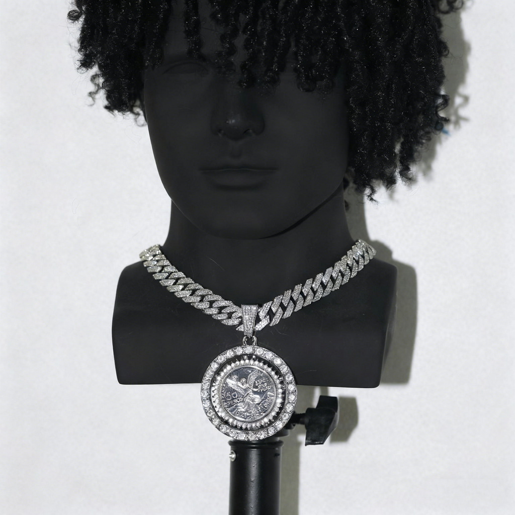 Iced Cuban Link Chain with Spinning Angel Medallion – 15mm Heavy Shine Pendant Necklace