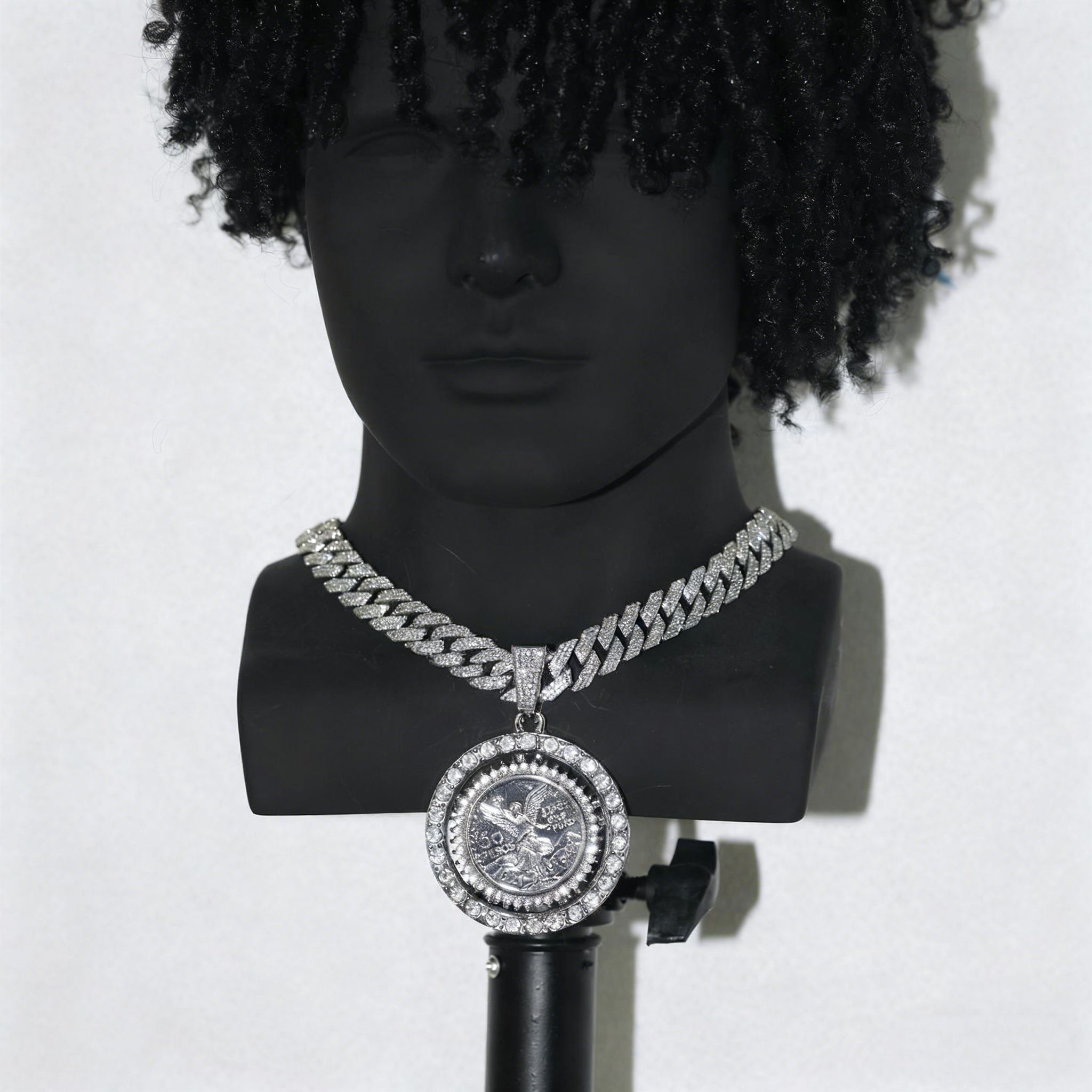 Iced Cuban Link Chain with Spinning Angel Medallion – 15mm Heavy Shine Pendant Necklace