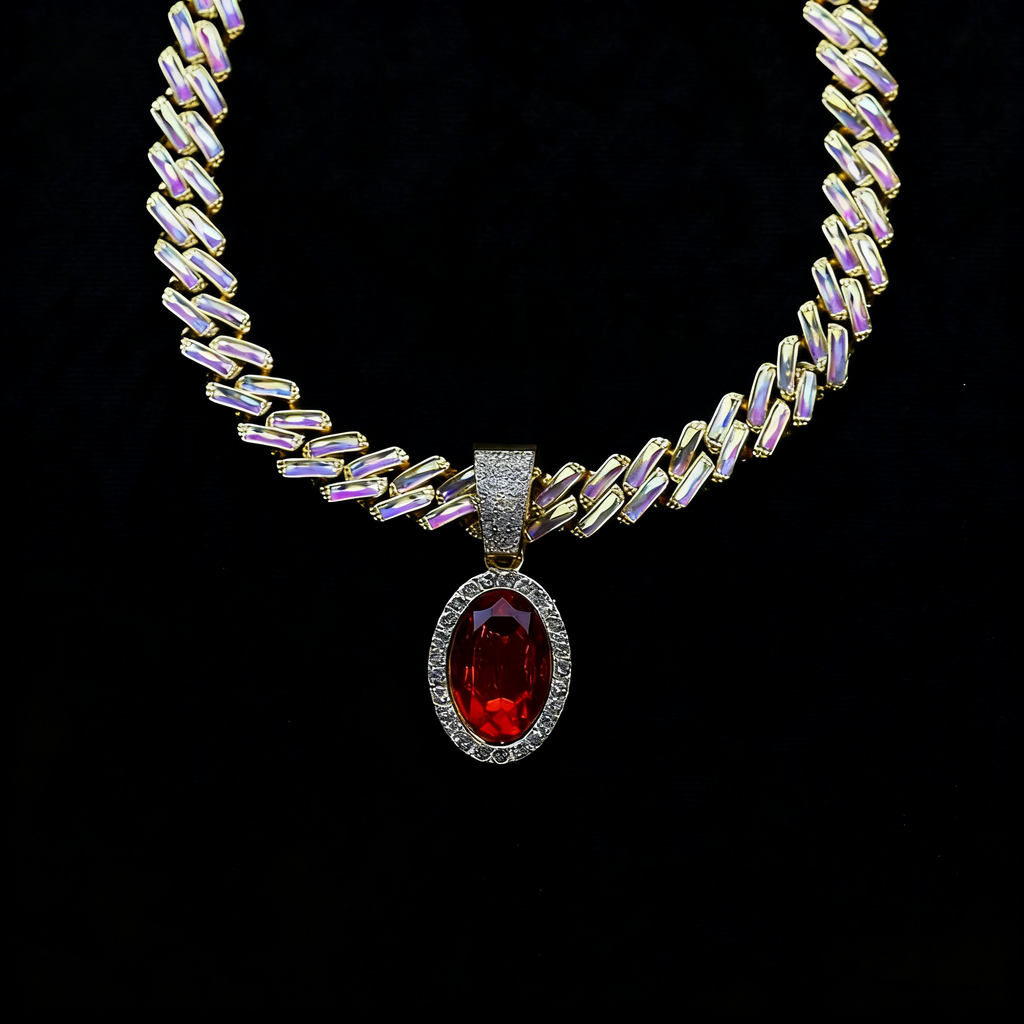 Iced Cuban Link Necklace with Red Oval Gem Pendant