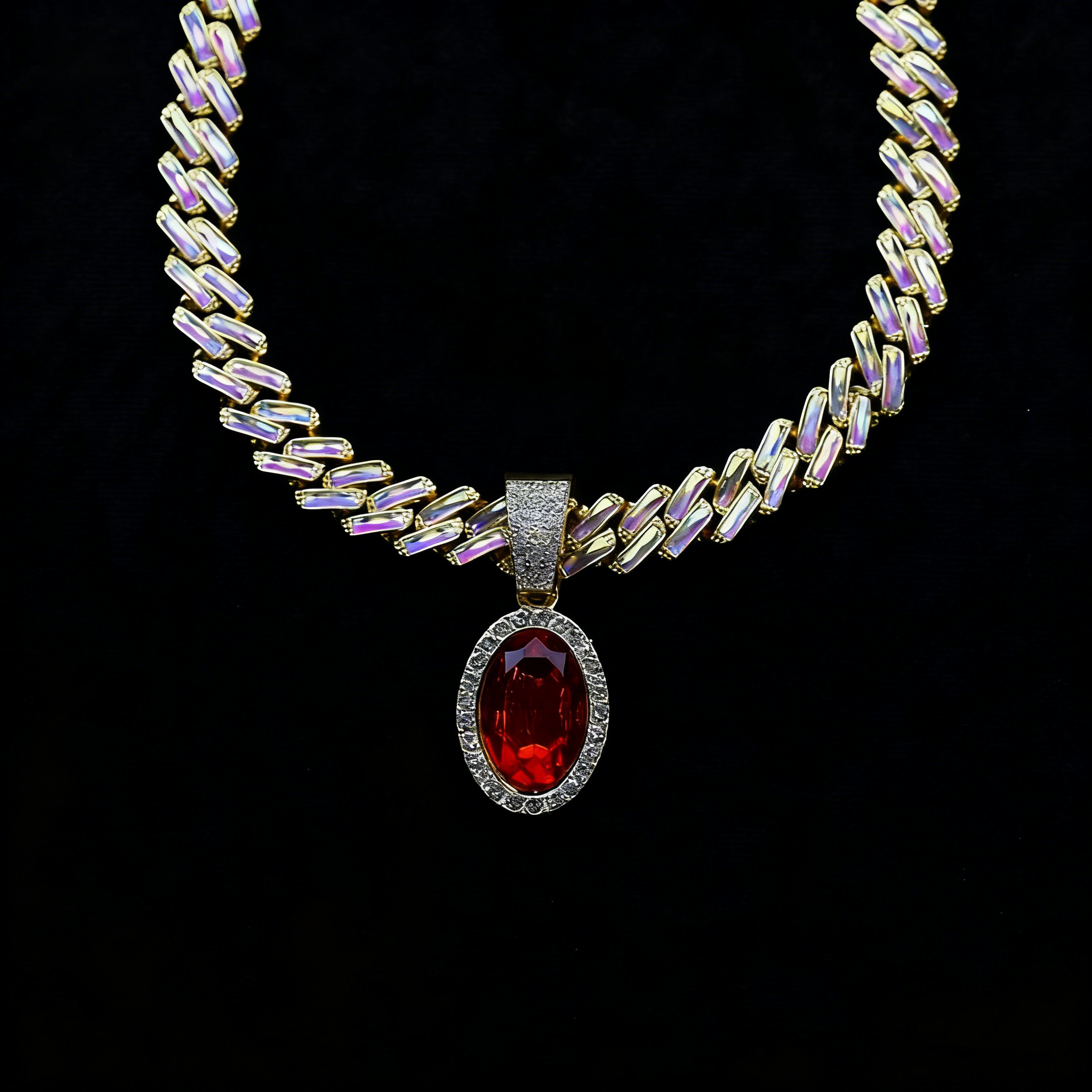 Iced Cuban Link Necklace with Red Oval Gem Pendant