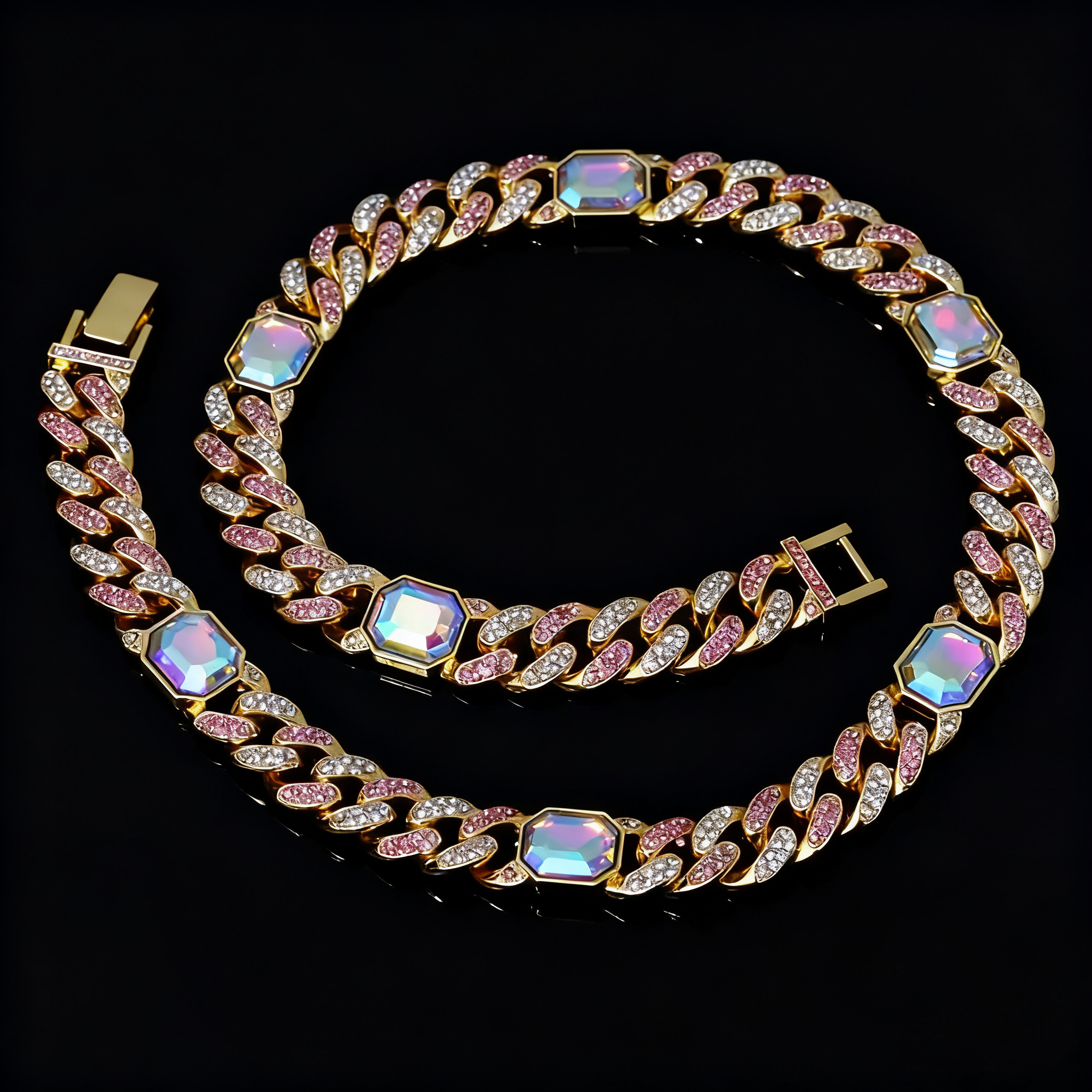 New Hip-Hop Pink Diamond Gradient Cuban Chain — Iced-Out Mixed-Stone Choker for Men & Women, Trendy Short Necklace