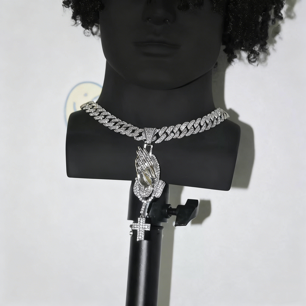 Iced Prayer Hands Cross Pendant – Hip-Hop Cuban Link Necklace