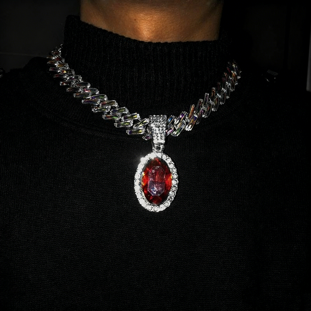 Iced Cuban Link Necklace with Red Oval Gem Pendant