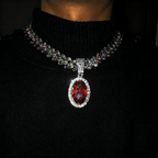 Iced Cuban Link Necklace with Red Oval Gem Pendant