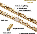 10/12mm Miami Cuban Link Chain 14K REAL Gold Plated Premium Stainless Steel Necklace Hypoallergenic Hip Hop Jewelry for Men Women Christmas Father Day Birthday Gift (Double-sided Iced Out Clasp, with Box & Pouch)