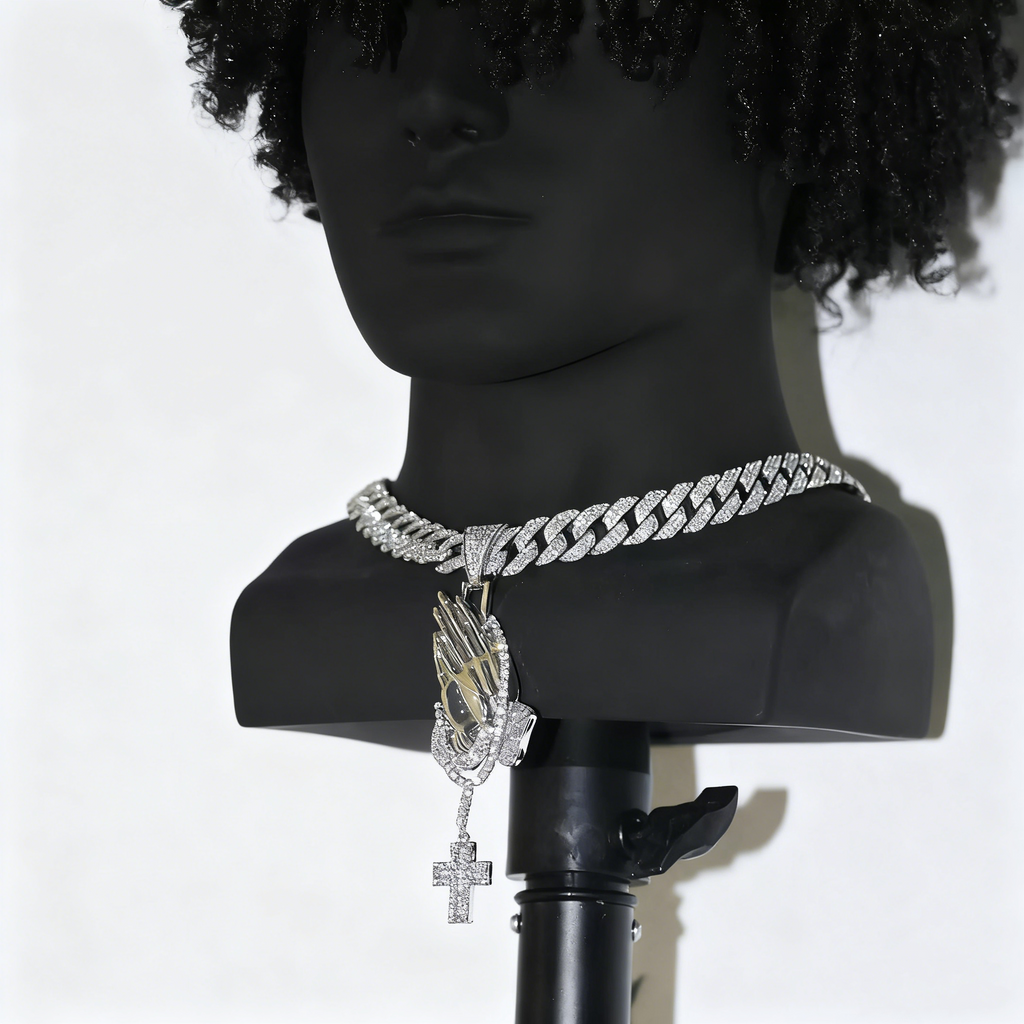 Iced Prayer Hands Cross Pendant – Hip-Hop Cuban Link Necklace