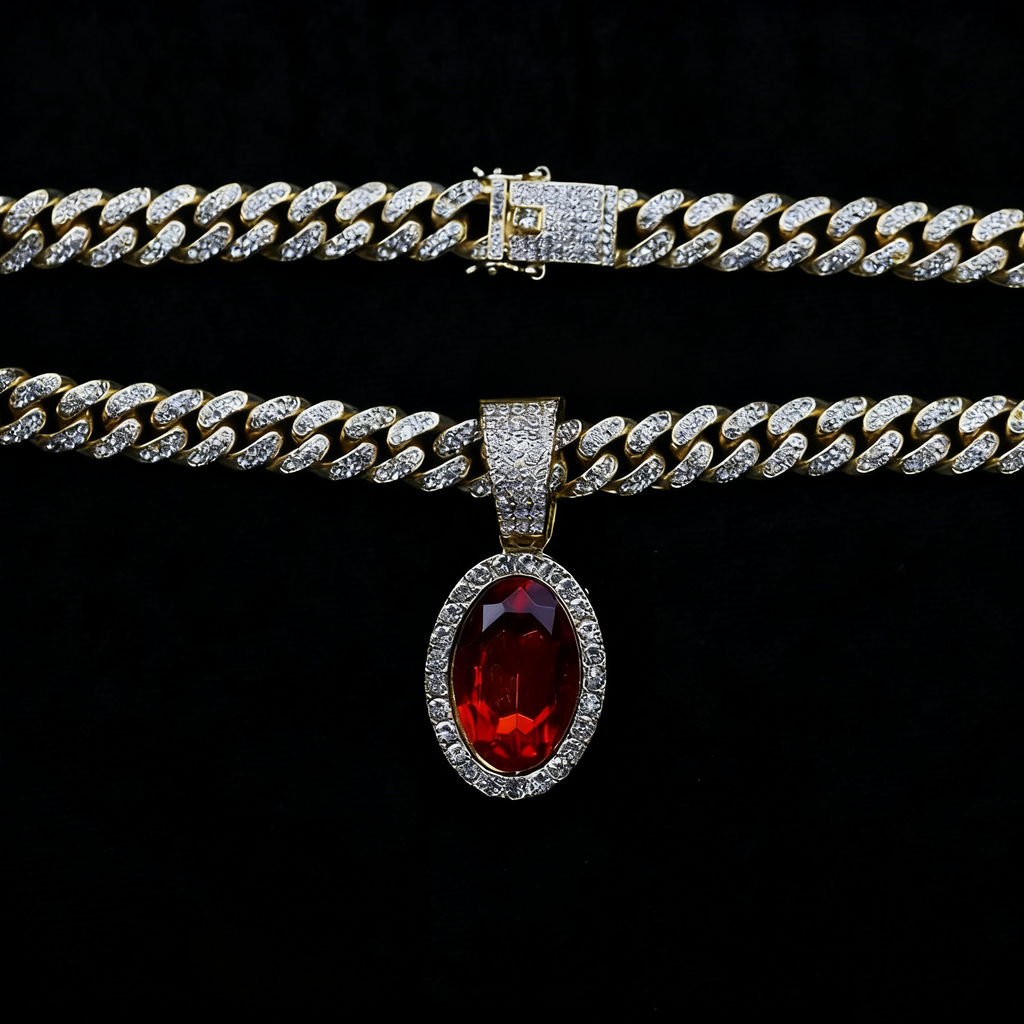 Iced Cuban Link Necklace with Red Oval Gem Pendant