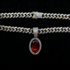 Iced Cuban Link Necklace with Red Oval Gem Pendant