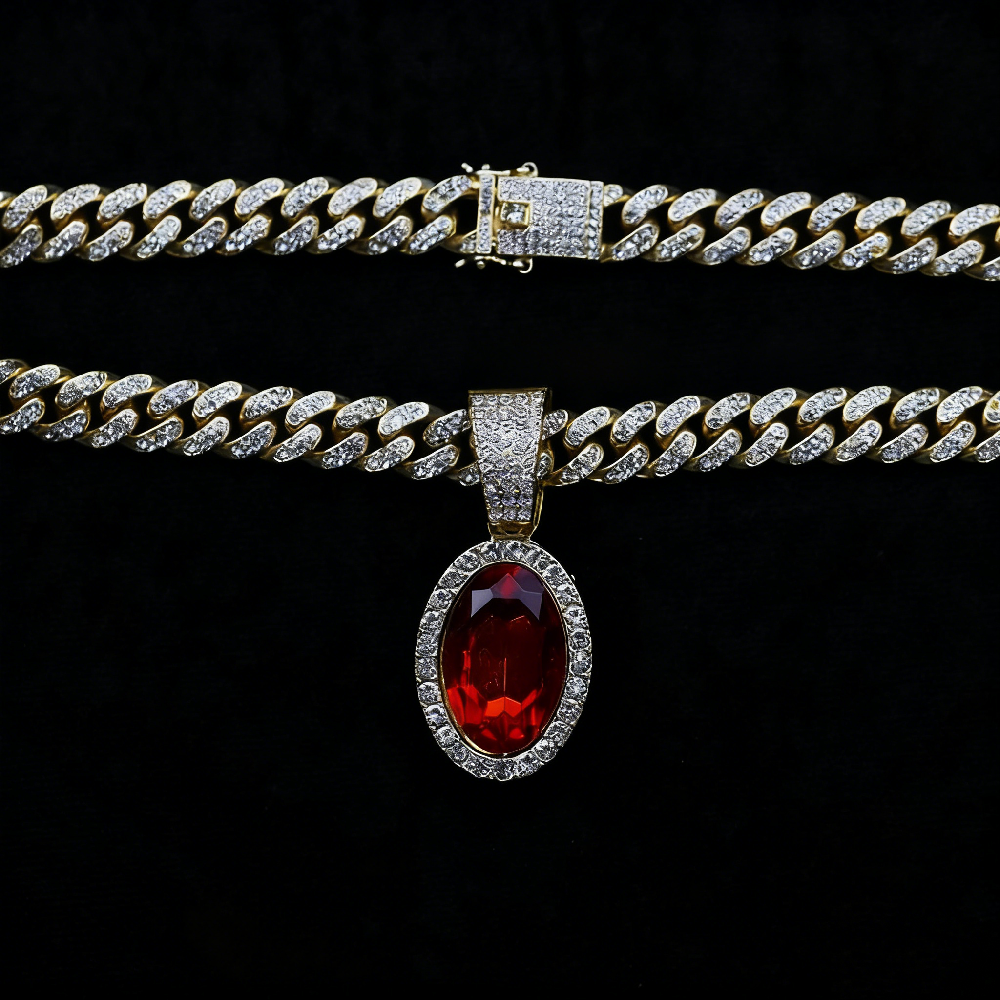 Iced Cuban Link Necklace with Red Oval Gem Pendant