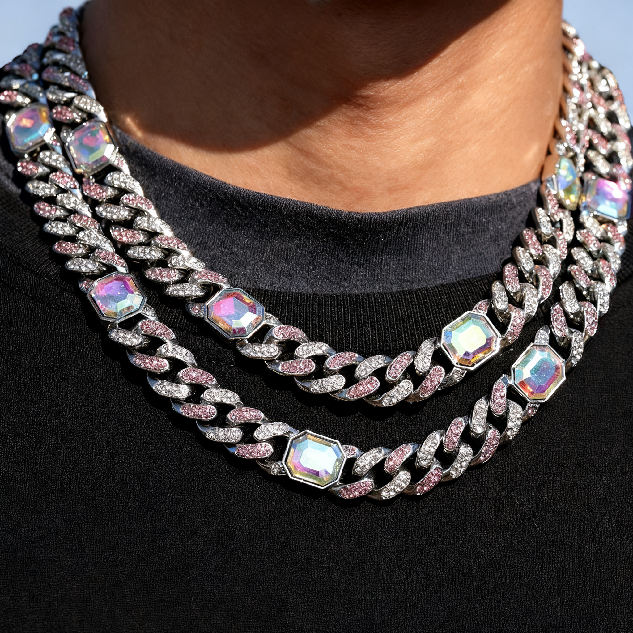 New Hip-Hop Pink Diamond Gradient Cuban Chain — Iced-Out Mixed-Stone Choker for Men & Women, Trendy Short Necklace