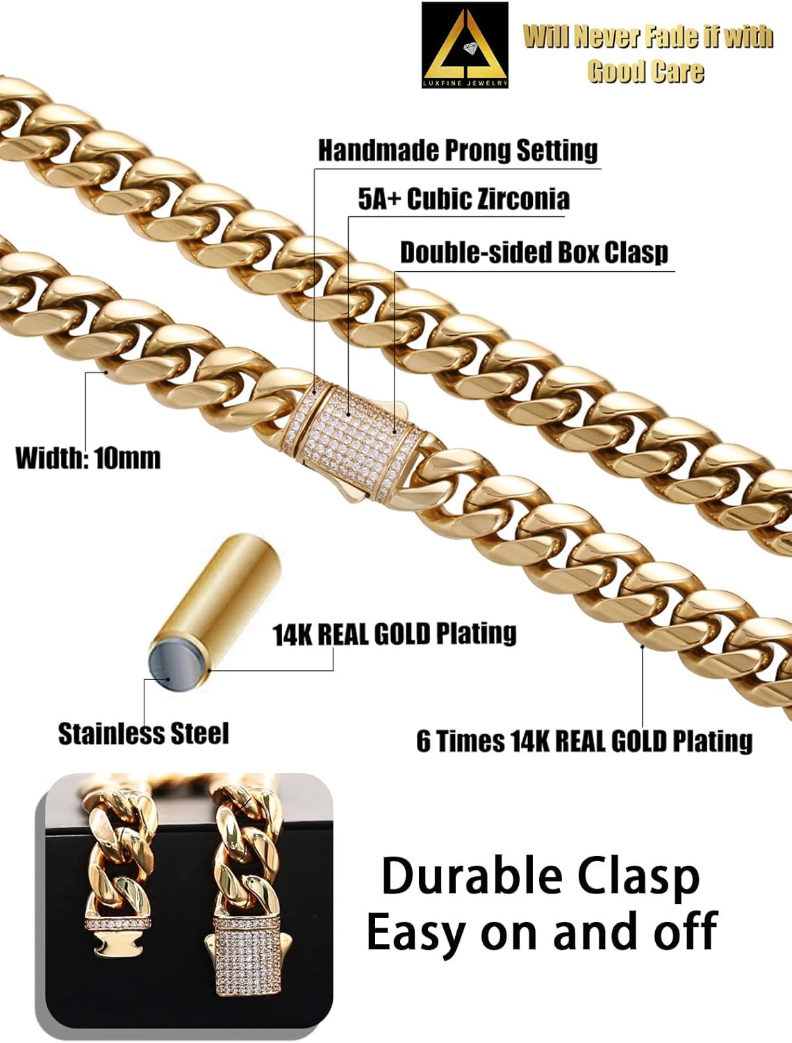 10/12mm Miami Cuban Link Chain 14K REAL Gold Plated Premium Stainless Steel Necklace Hypoallergenic Hip Hop Jewelry for Men Women Christmas Father Day Birthday Gift (Double-sided Iced Out Clasp, with Box & Pouch)